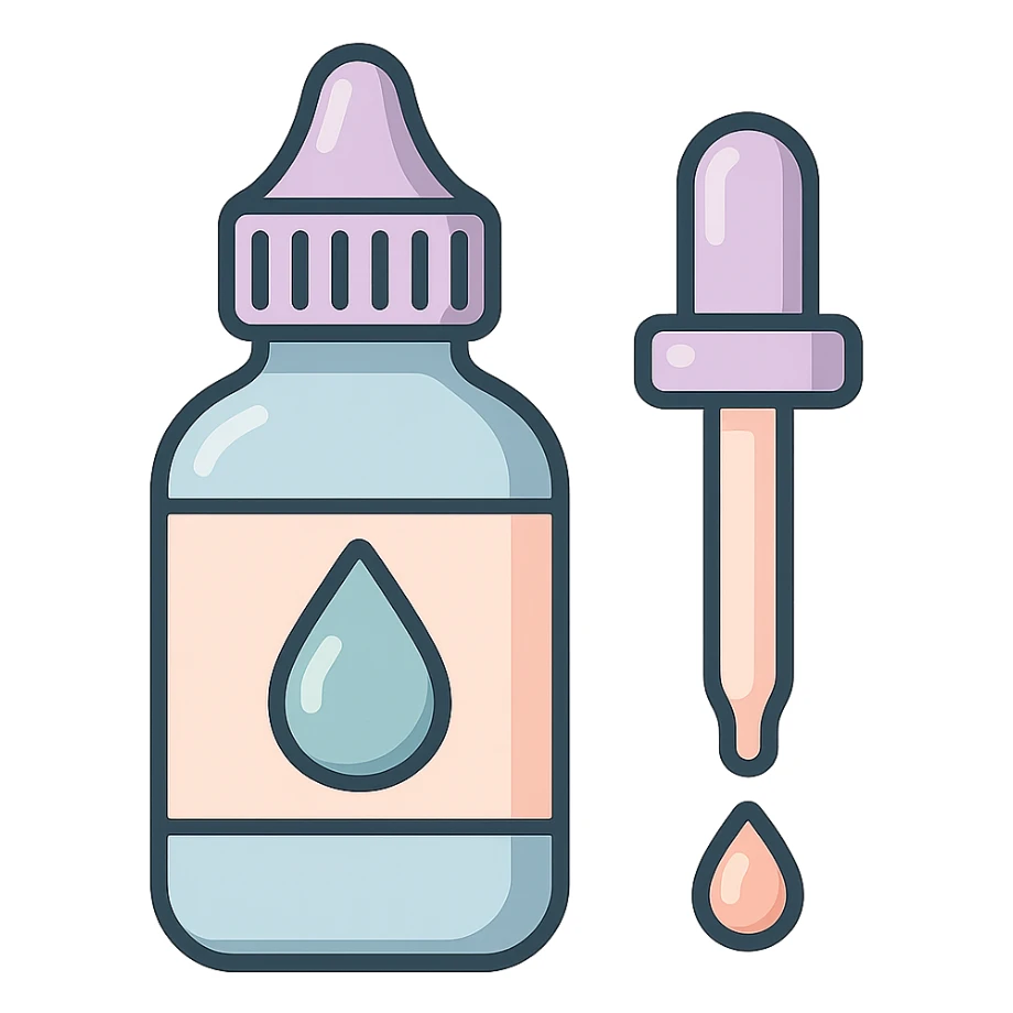 eye drops with separate pipette, vector look with shadows and highlights, detailed shading, thin clean outlines, soft rounded features, pastel palette #98B5BC #B5B3C1 #C9A3C9 #E4C0CA #F7DCD1 #F7C0AA, Japanese pop art, sticker look, highly detailed, transparent background sticker