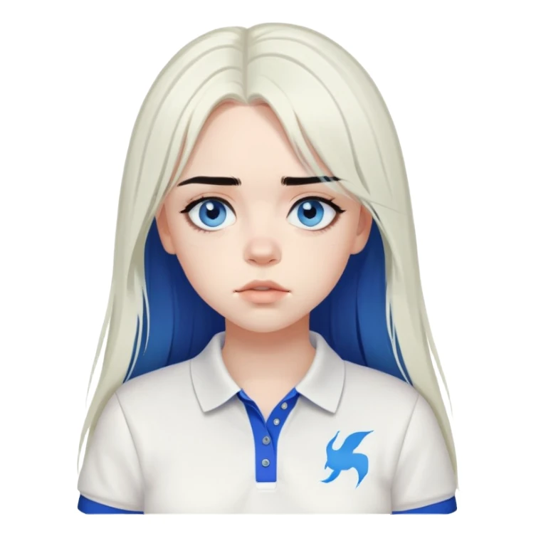 billie eilish long black hair blue eyes dark eyeliner makeup, wearing white polo shirt sticker