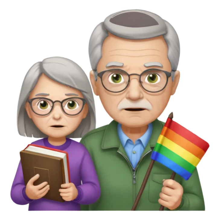 make old old man like 80 with gray hair and fur has HUGE EYE brows and glasses and is always mad and gay holding the rainbow flag and walking a young girl about 1 with brown hair and green eyes with a moth book with the other hand sticker