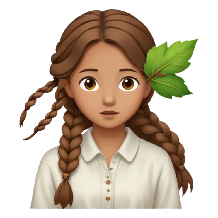  A girl with a long braid, a brown hairpin shaped like a leaf, and a white blouse, breathing in the spring air. sticker