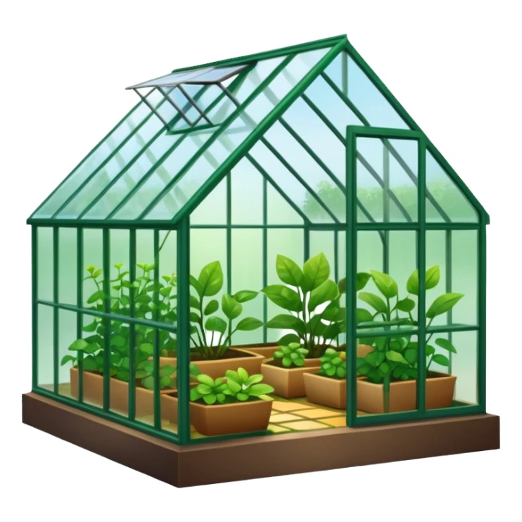 A 3D cartoon greenhouse filled with green plants and sunlight streaming through glass panels, earthy floor, bright natural light, Memoji-style texture and depth. sticker