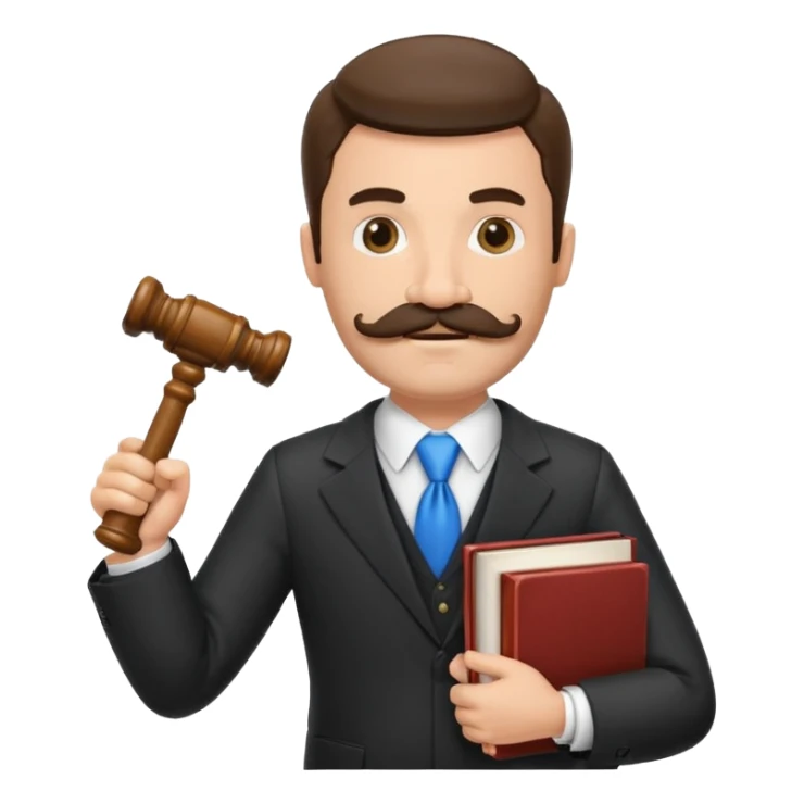 Create a male lawyer. he is wearing a fromal suit jckeret. He is holding a gavel in one hand and a book tucked under his another arm. He has a mustache and BEARD both! sticker