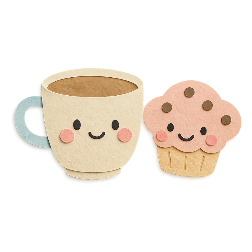 coffee cup with muffin character, blushing cheeks, soft pastel colors, transparent background sticker