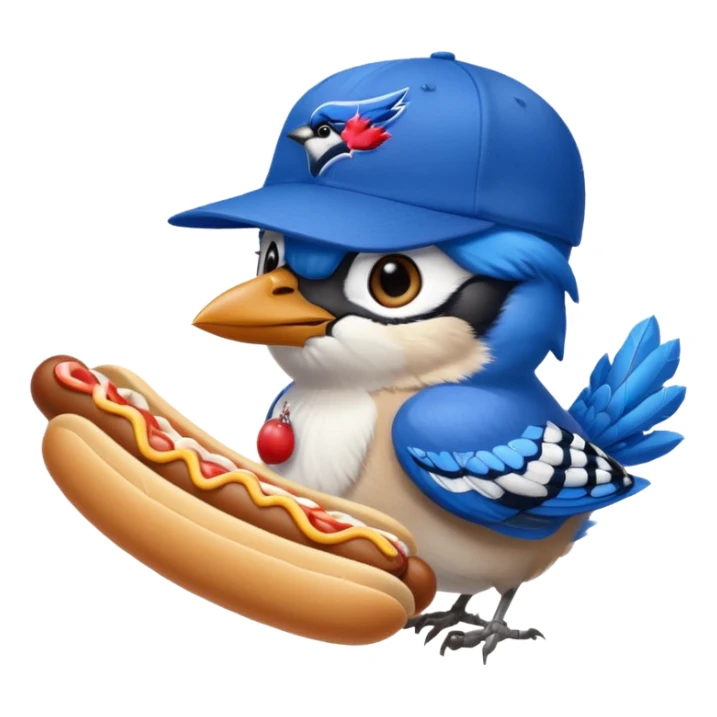 bluejay bird, eating hot dog,with blue jays baseball hat sticker
