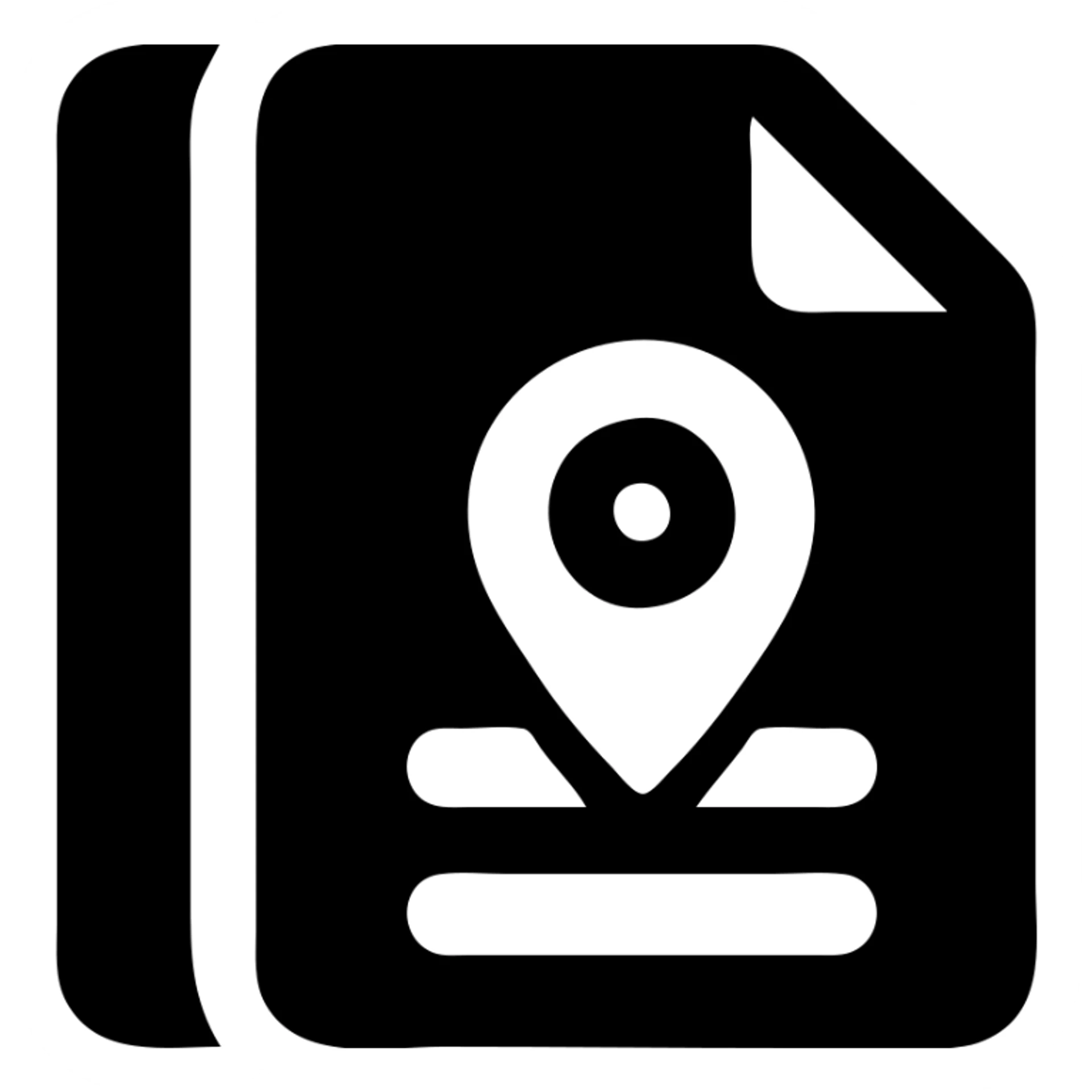 Solid filled icon style with black color and transparent background. Minimalist silhouette of a list sheet with rounded corners and solid fill. Add a geolocation pin icon overlay on the sheet. sticker