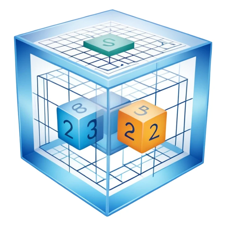 An icon featuring a transparent cube with geometric sections and mathematical calculations, symbolizing the study of mathematics. The design includes algebraic formulas, graphs, and mathematical symbols, representing advanced mathematical concepts and problem-solving. Transparent background sticker
