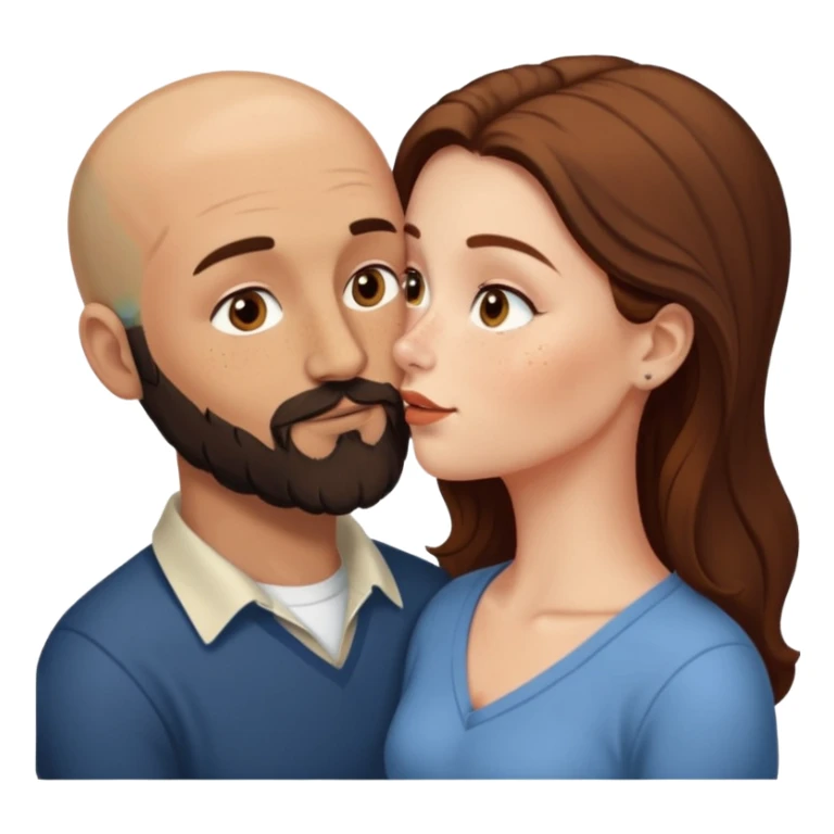 Couple. Bald man with dark brown-black beard. White woman with many small, faded freckles, she has white skin and she has auburn-brown-cinnamon, dark long hair. She has light brown eyes. The man have hazel eyes. Retro style. They kiss. sticker