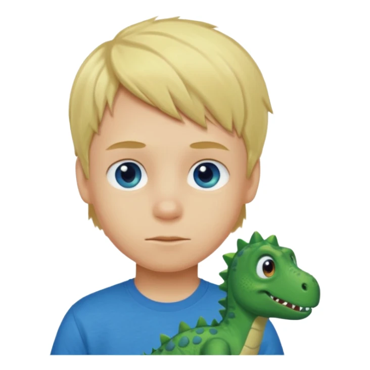 A blond boy with blue eyes wearing a green dinosaur T-shirt sticker