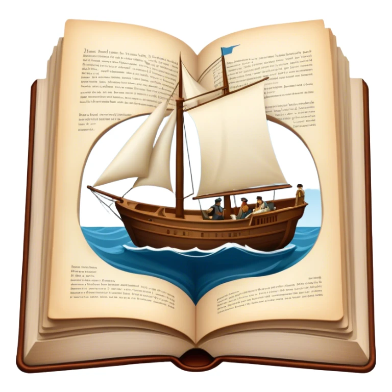 Icon for Reading Fiction: a large open book with pages turning, a sailboat sailing across the pages, Musketeers on horseback, Sherlock Holmes and other literary elements. The icon should evoke the adventurous spirit of storytelling. Transparent background. sticker