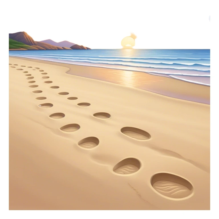 A quiet beach at sunset. **Baby footsteps trail behind larger ones**, slowly fading into the sand. As the tide nears, the **small steps merge with the adult’s**, past and present walking together toward the horizon. sticker