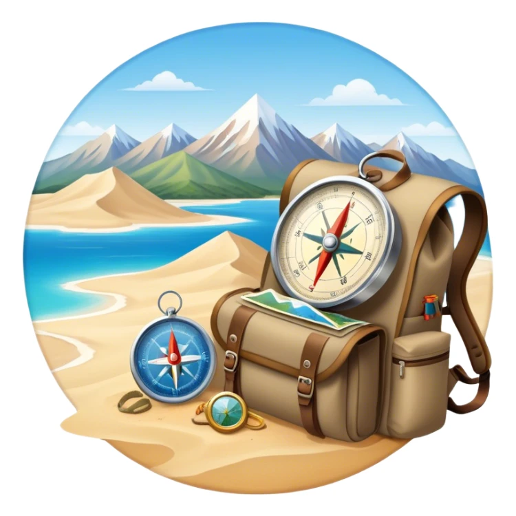 Icon for Expeditions: a compass, a map, and a backpack with trekking gear, set against a backdrop of snowy mountains, sand dunes, and tropical islands. The icon should represent the spirit of adventure and exploration in diverse landscapes. Transparent background. sticker