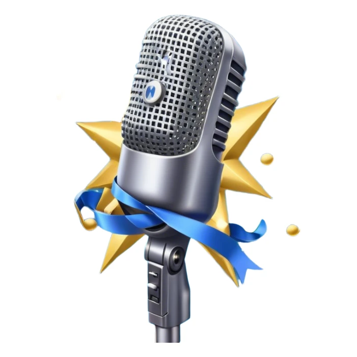 Create a vibrant and dynamic emoji that represents pop vocal performance. The design should feature a close-up of an iconic pop microphone, surrounded by a stage with concert lighting, but without people. Include elements like fireworks or a confetti explosion in the background to symbolize the excitement of a live performance. Add a costume with sparkling rhinestones and a ribbon made of musical notes to emphasize the glamorous and showy nature of pop singing. Use bright colors like gold, silver, neon, and electric blue to create an energetic and festive atmosphere. The background should be transparent. sticker