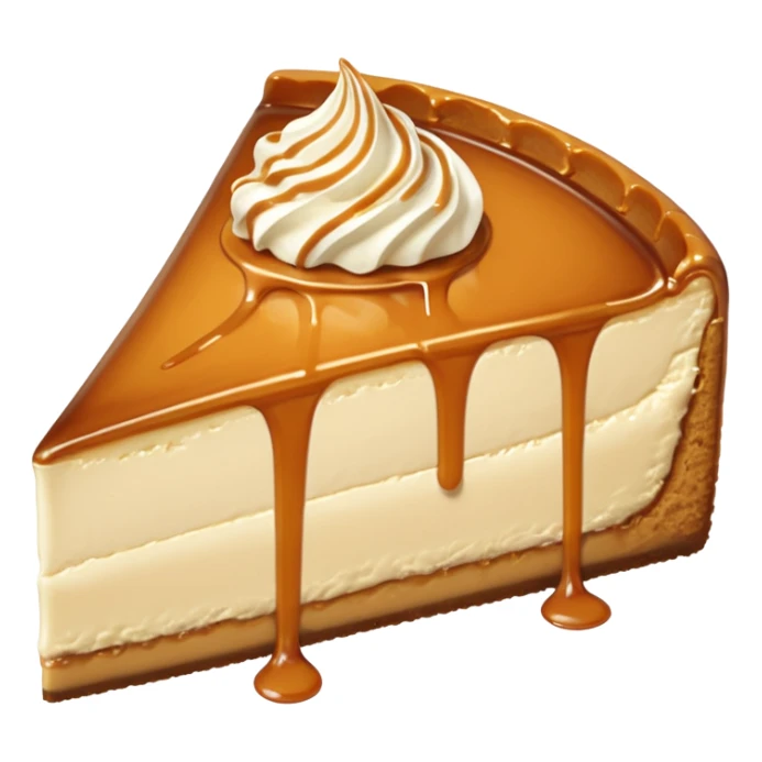 a slice of cheesecake. The base is made of light brown biscuit; the first layer of filling is caramelized dulce de leche, and the upper layer is creamy, light beige, and has a smooth texture. On top, there is a caramelized dulce de leche topping dripping down the center of the slice sticker