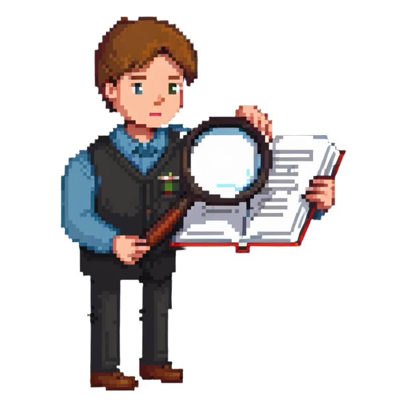 curious person with magnifying glass examining book sticker
