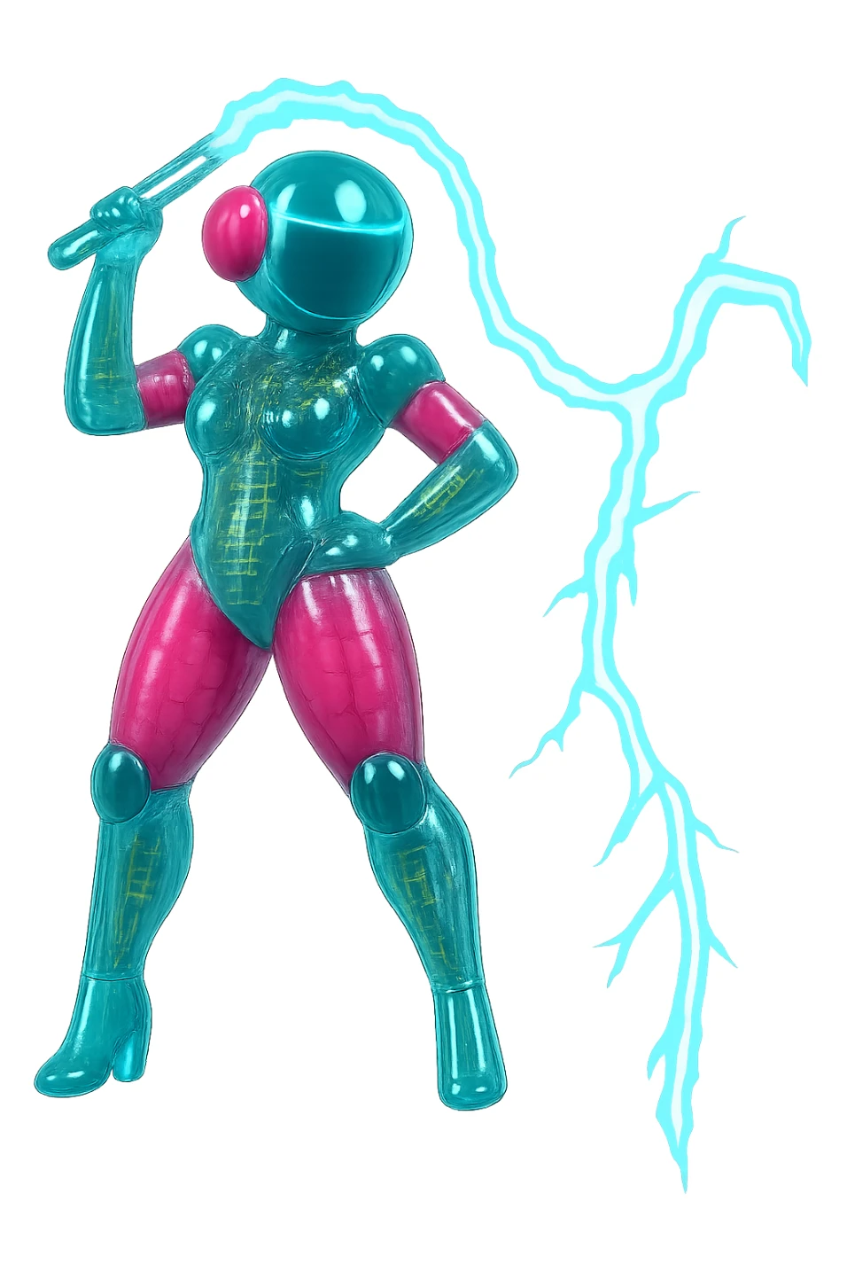 Render this robot in a sleek, glossy circuit style with no grainy or aged texture. Keep her form, pose, colors, and lightning whip exactly the same. No border, transparent background. sticker