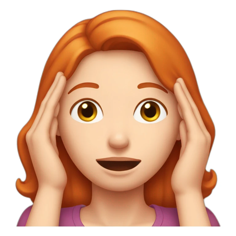 woman redhead who is covering her ears with hand sticker