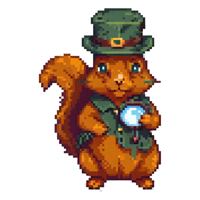 detective squirrel with magnifying glass and detective hat, pixel art style sticker