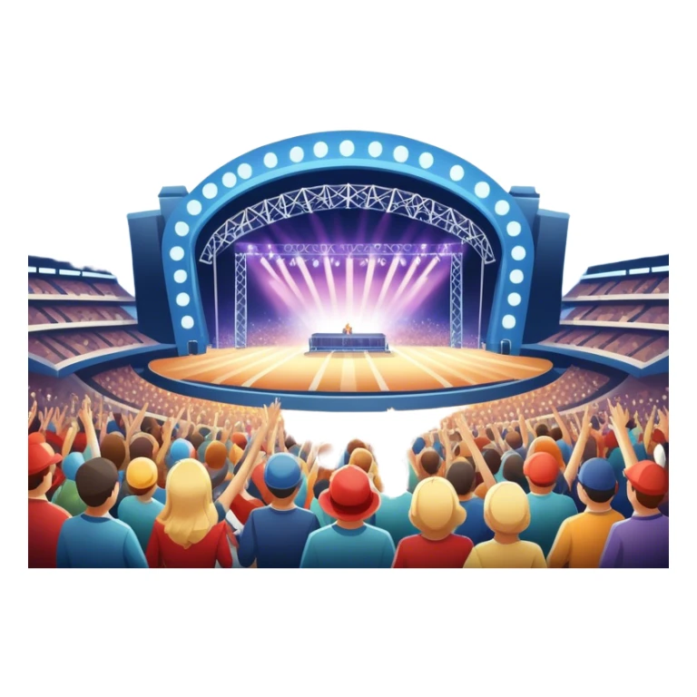An icon showing a stadium stage with a concert in full swing, bright stage lights illuminating the performers, and fireworks bursting in the sky. The excitement of the crowd is palpable, symbolizing a love for live music and unforgettable shows. transparent background. sticker