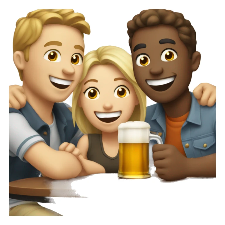 3 white people laughing around a table with beer on it sticker