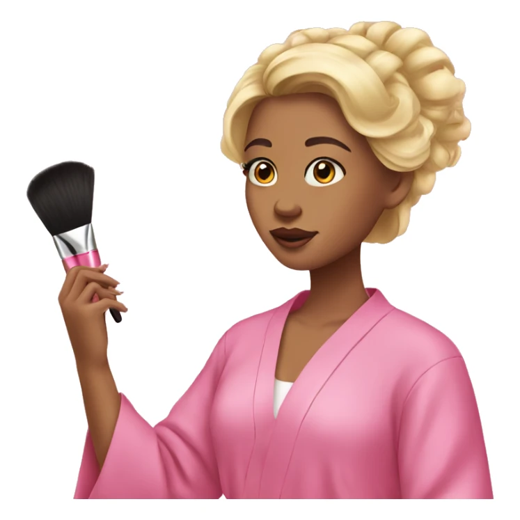 Girl with blonde hair and in pink robe doing makeup sticker