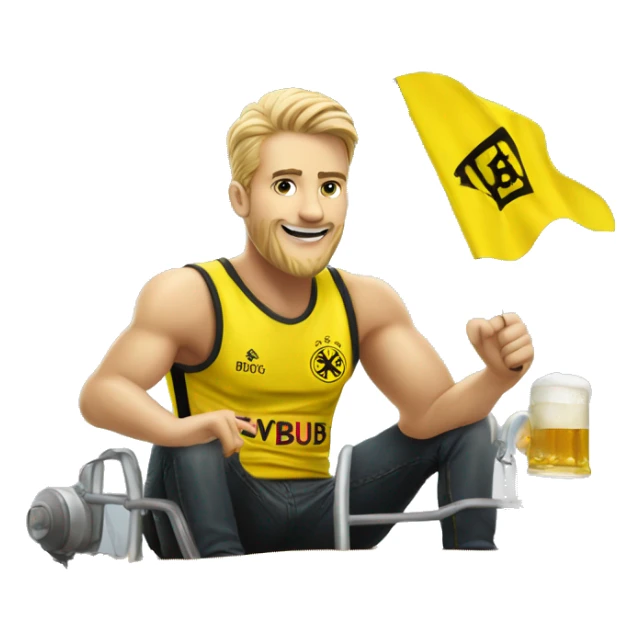 A bvb dortmund themed tank with a fan riding on top holding a beer.  sticker