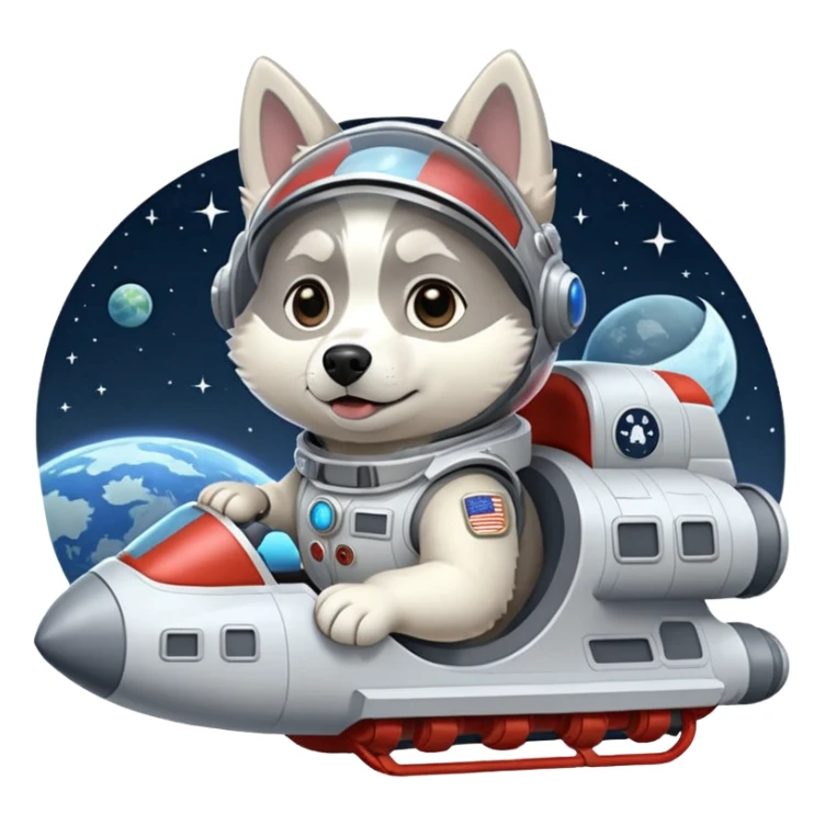 furry white coat husky in full battle gear posing cutely on a space cruiser sticker