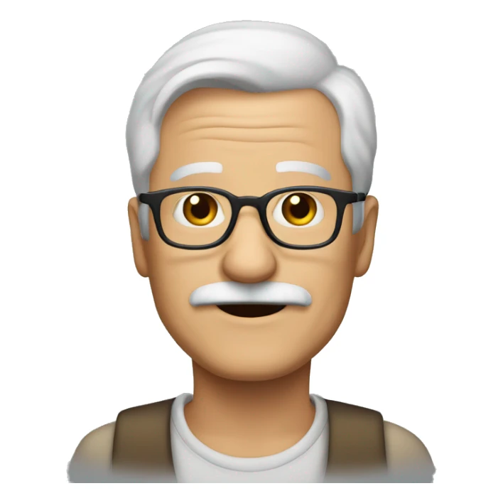 70 year old man with glasses, white hair, mustache sticker