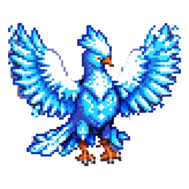 pixel art style ice phoenix, blue and white, icy feathers, glowing eyes, small sprite sticker