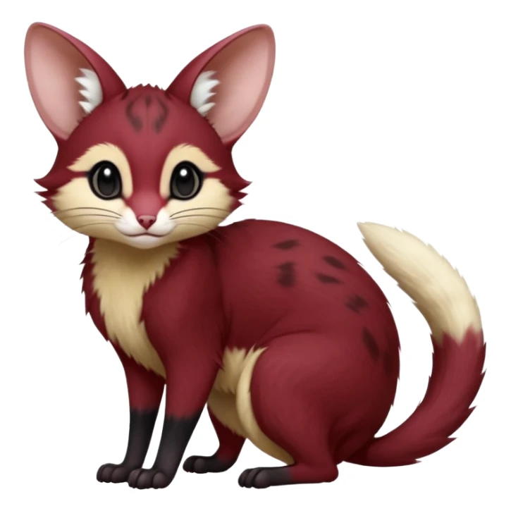 Wine-Red, black-pointed, soft realistic romantic vintage antique divine beautiful elegant pretty precious cute young youthful  Fakémon-Pokémon-opossum-feline-mouse-serval-caracal-chinchilla-Minccino-Cinccino-Meowstic-rodent-hybrid-creature with a big fluffy bushy tail (full body) sticker