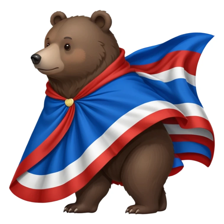 Medium-dark brown bear on all four legs with Russian flag (white, blue, red horizontal stripes) draped over its back like a cape or cloak, flowing slightly, side view sticker
