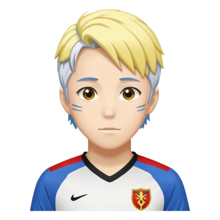 High school soccer player. Wears a uniform with red based and black on sides and yellow. His hair is a mixture of white on the top and blue on the bottom. He is a anime character from Bluelock and is Dutch. sticker