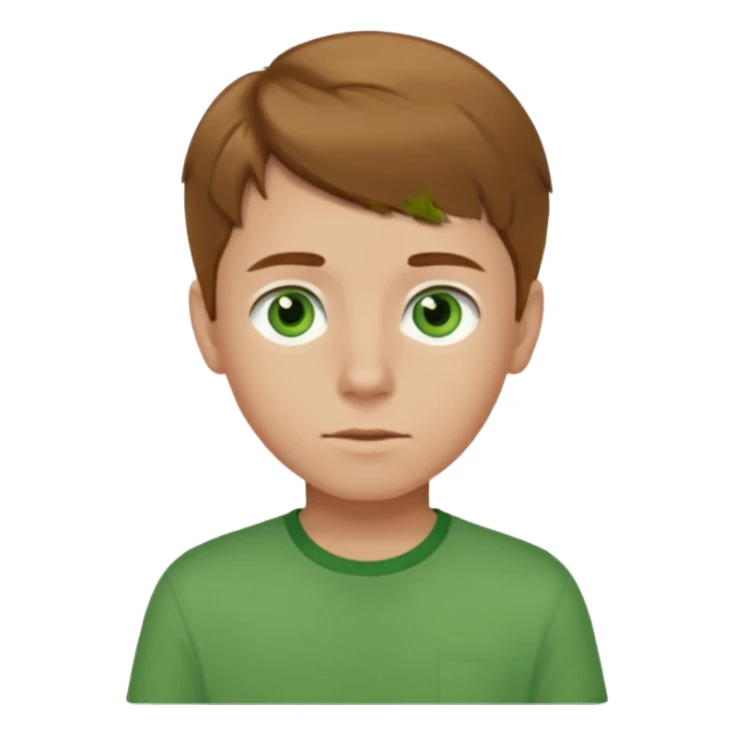 boy with light brown hair and green eyes with green shirt sticker
