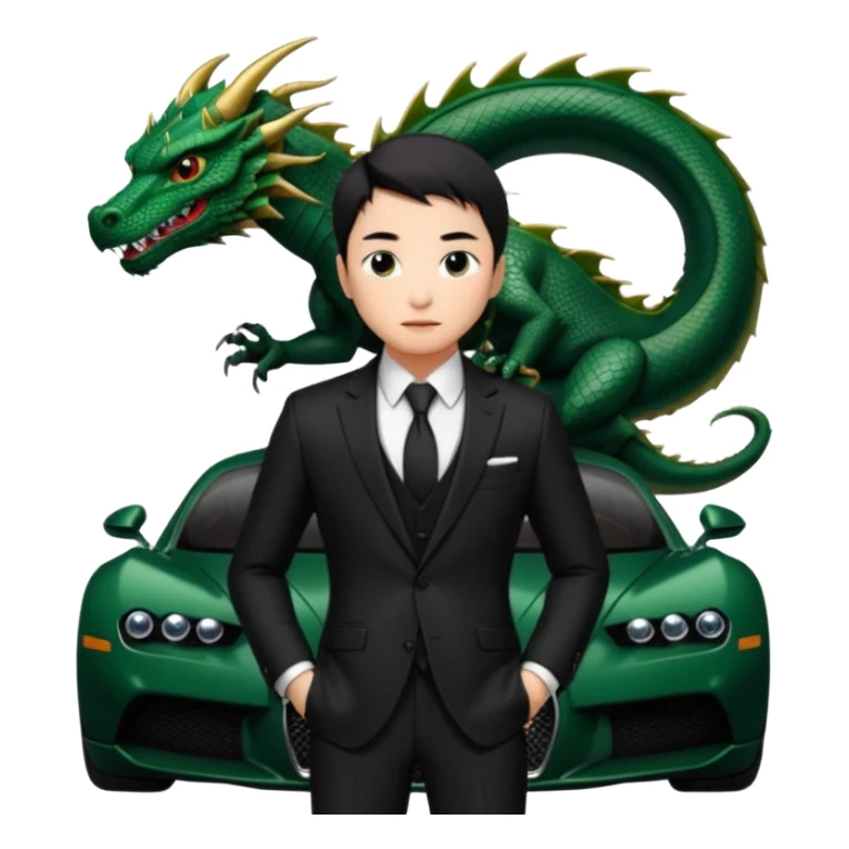mysterious scenery: green audemars piguet watch (without text), black bugatti, and a dark green dragon, and a mysterious chinese agent from The Matrix with his eyes censored sticker