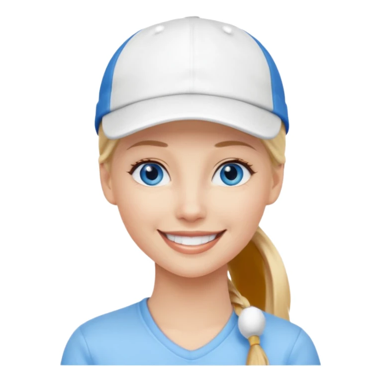 blonde woman, blue eyes, pony tail, white cap sticker