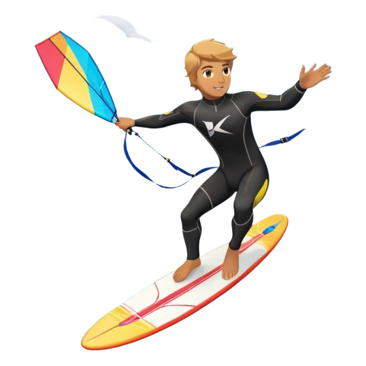 An athlete in a wetsuit riding a kiteboard, soaring over the waves with the kite high in the sky. The background features a vibrant blue sky and crashing ocean waves, capturing the thrill and freedom of kitesurfing in dynamic motion. sticker
