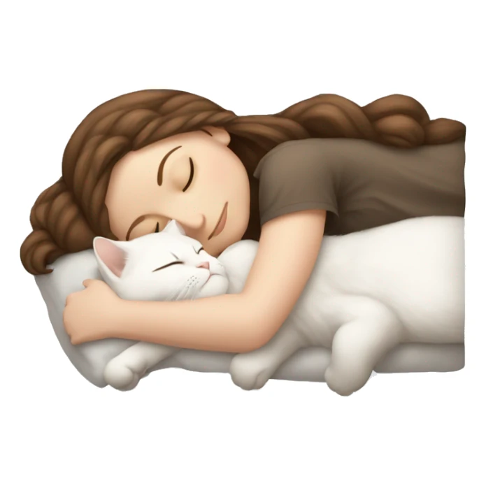 White girl brown hair sleeping with white kitty sticker