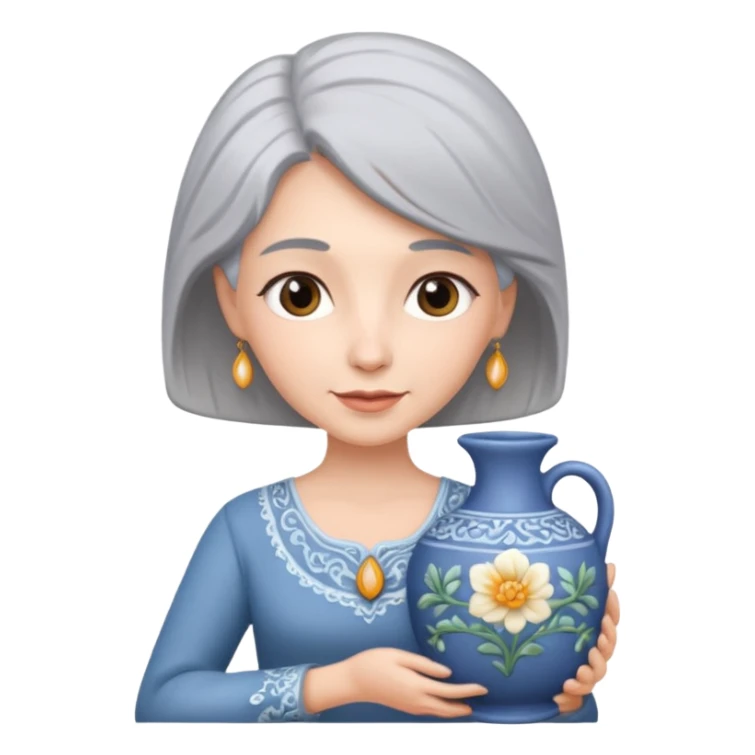 Woman with grey hair with ceramics sticker
