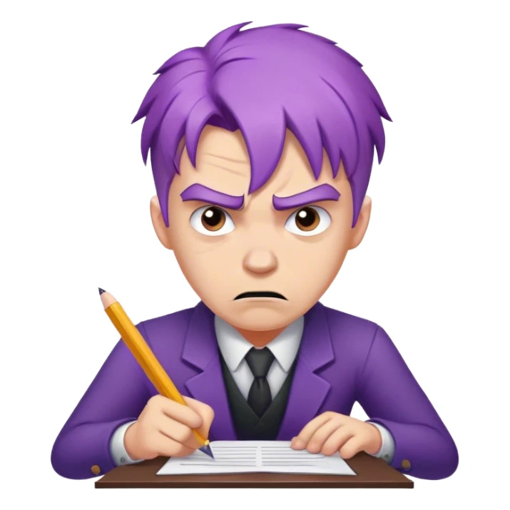 white man with purple hair angry writing a legal document in distress sticker