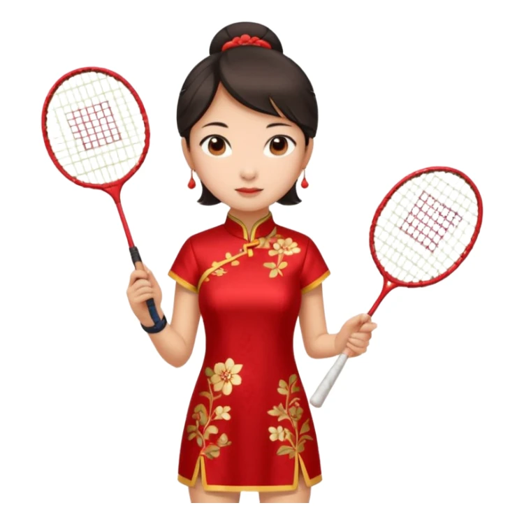 ancient cheongsam girl with 1 badminton racket, red sticker