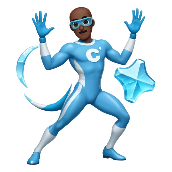 Frozone character in retro stickers style, dynamic pose, icy effects, bold outlines, vibrant colors he says "c'est carré dans l'axe" sticker