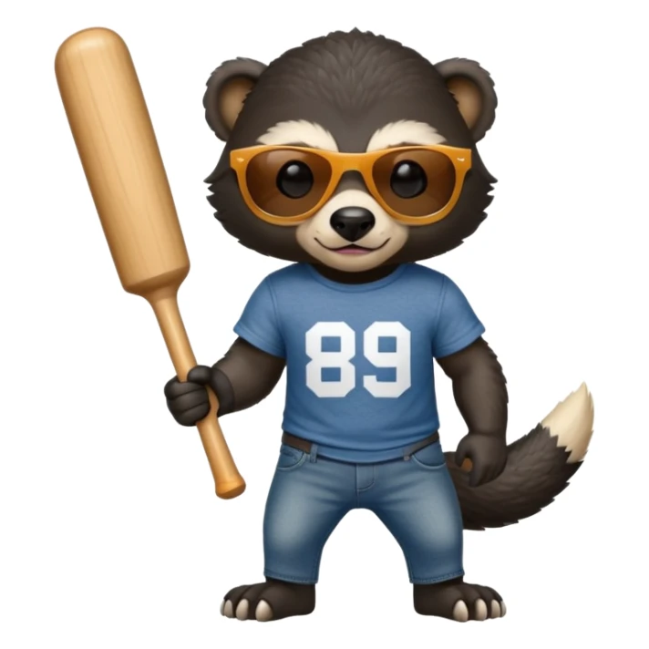 mischievous anthropomorphised honey badger in jeans and a t-shirt, wearing sunglasses, holding a baseball bat over shoulder sticker