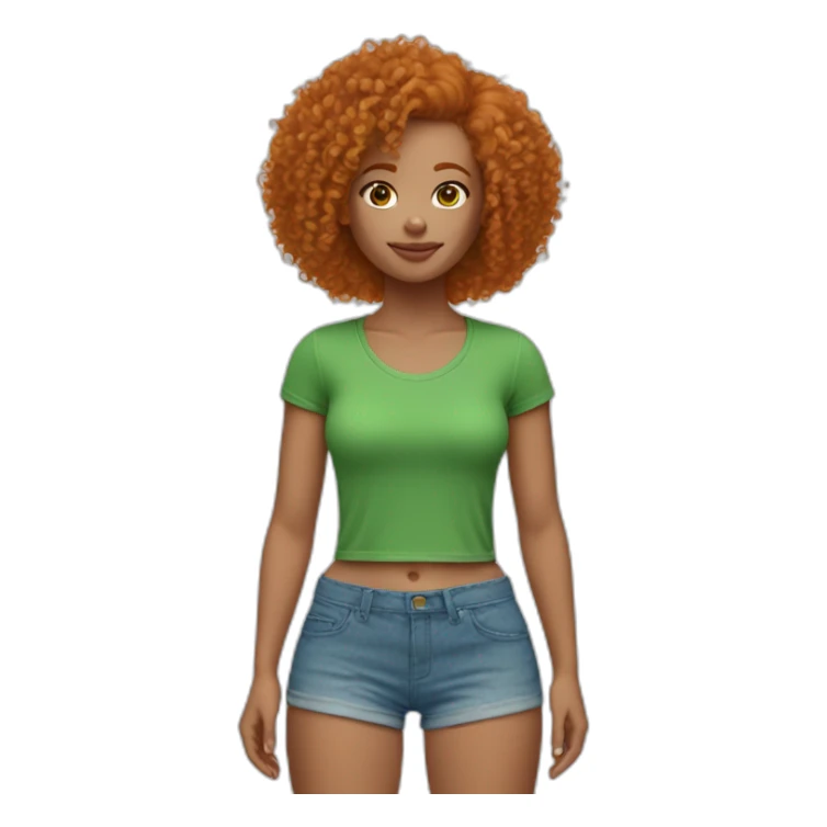 Curly Ginger woman, green crop top, blue shorts, light skin sticker