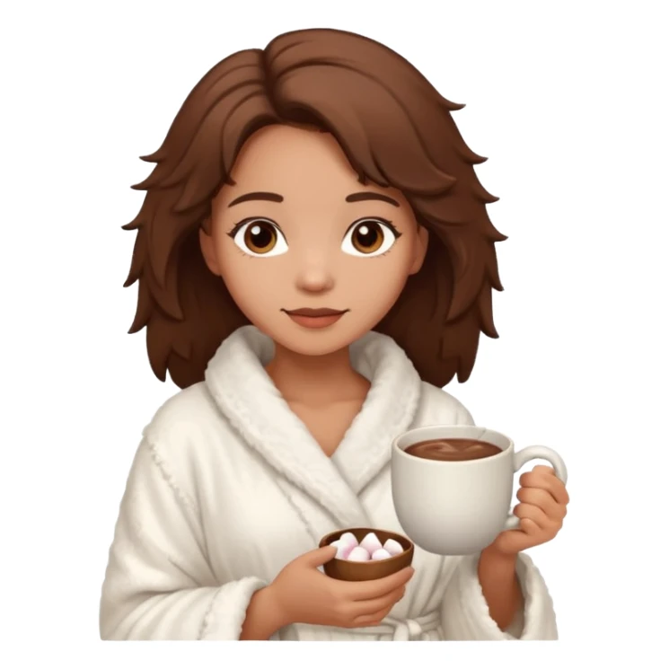 {
      "type": "human",
      "look": "fluffy robe woman, messy hair, holding cup of cocoa",
      "description": "a woman in a fluffy robe with messy hair, holding a cup of cocoa"
    } sticker