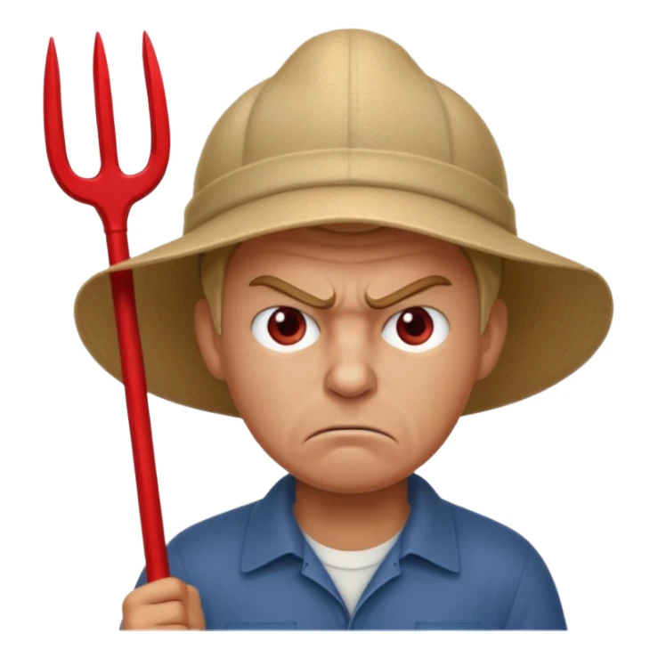 Angry man with a pitchfork and a cap that has a no symbol sticker