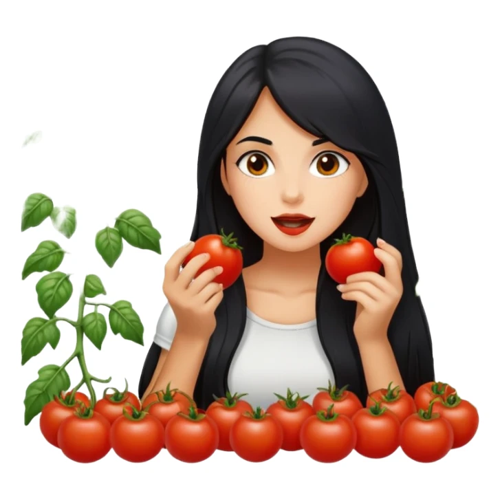 Pretty tanned girl with long black hair, eating tomatoes sticker