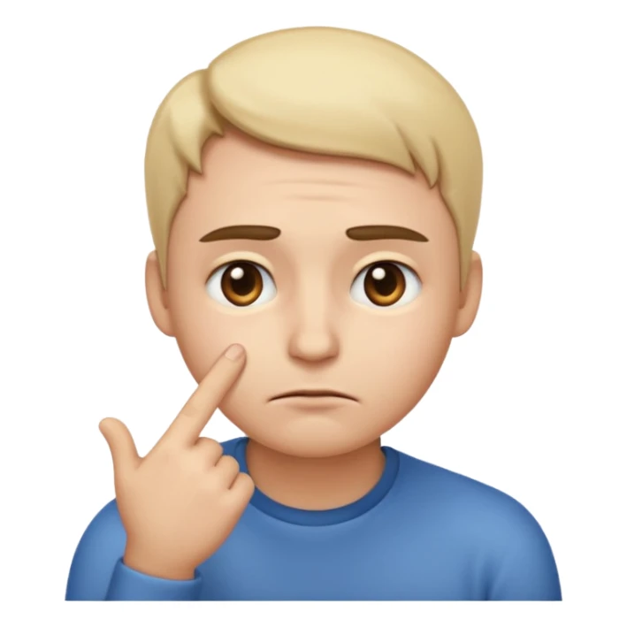 Genera un emoji estilo Apple que represente inseguridad física: un rostro neutral mirando hacia abajo, con cejas ligeramente inclinadas y una mano tocándose la mejilla como si dudara de sí mismo. Expresión suave, triste pero empática sticker