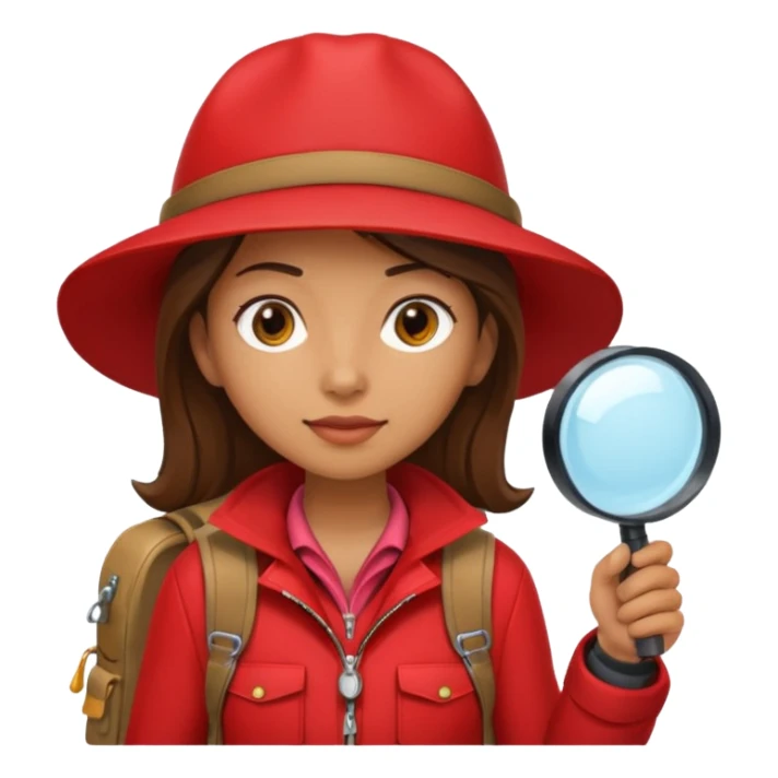 Explorer woman with red jacket backpack and magnifying glass sticker