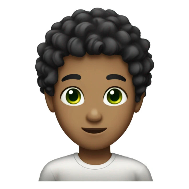 Boy with black curly hair,green eyes,and no mustache sticker