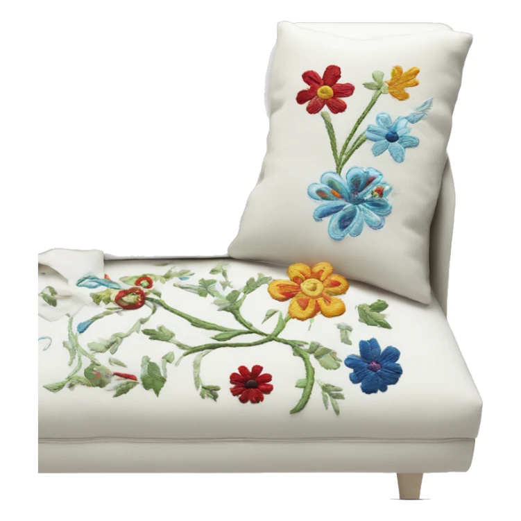 Embroidery, white sofa with several embroided designs in color  sticker