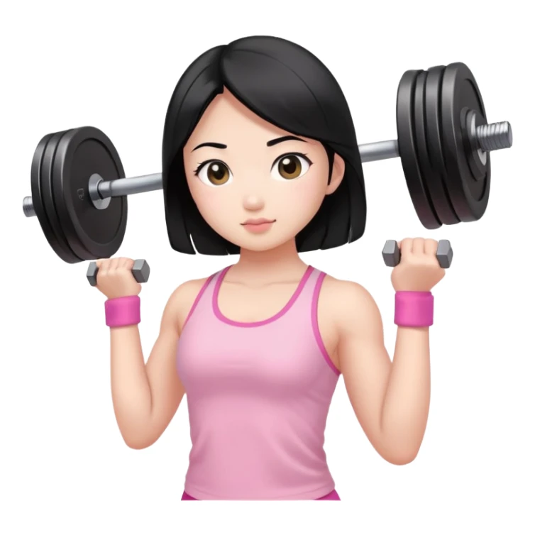 black hair asian girl lifting weights in light pink  sticker